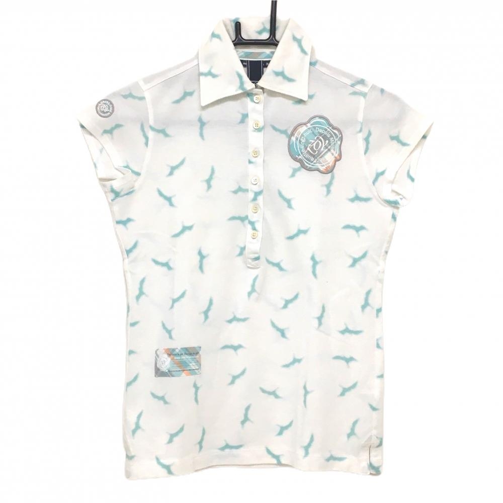 【美品】ゾーイ 半袖ポロシャツ 白×ブルーグリーン系 総柄 レディース 38(M) ゴルフウェア ZOY