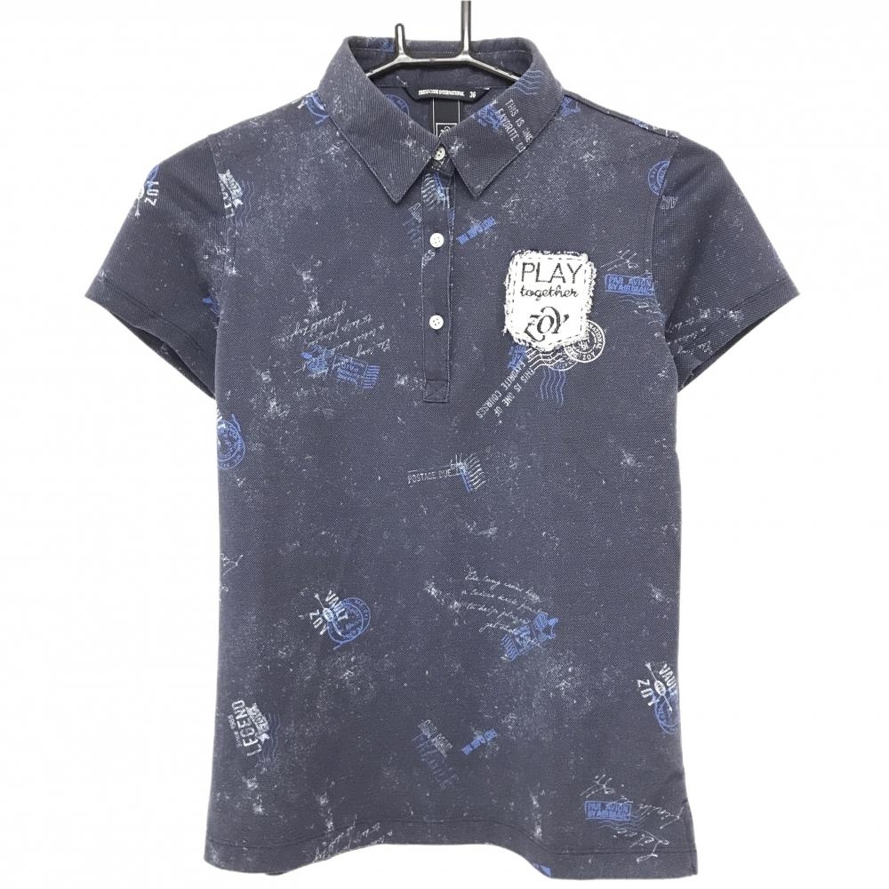 【超美品】ゾーイ 半袖ポロシャツ ネイビー×白 総柄 胸元ロゴ レディース 36(S) ゴルフウェア ZOY