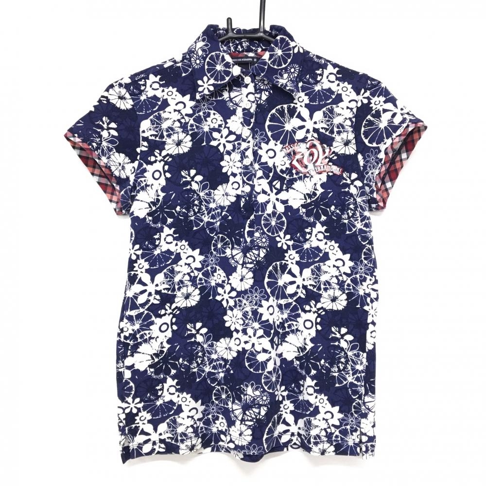 【美品】ゾーイ 半袖ポロシャツ ネイビー×白 花総柄 一部チェック ストレッチ 袖口異素材 レディース 40(L) ゴルフウェア ZOY