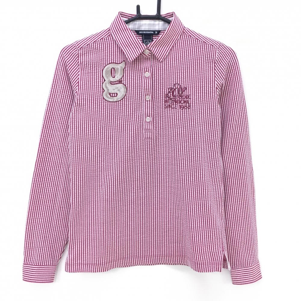 ゾーイ 長袖ポロシャツ ピンクレッド×白 ストライプ サッカー生地 レディース 36 ゴルフウェア ZOY