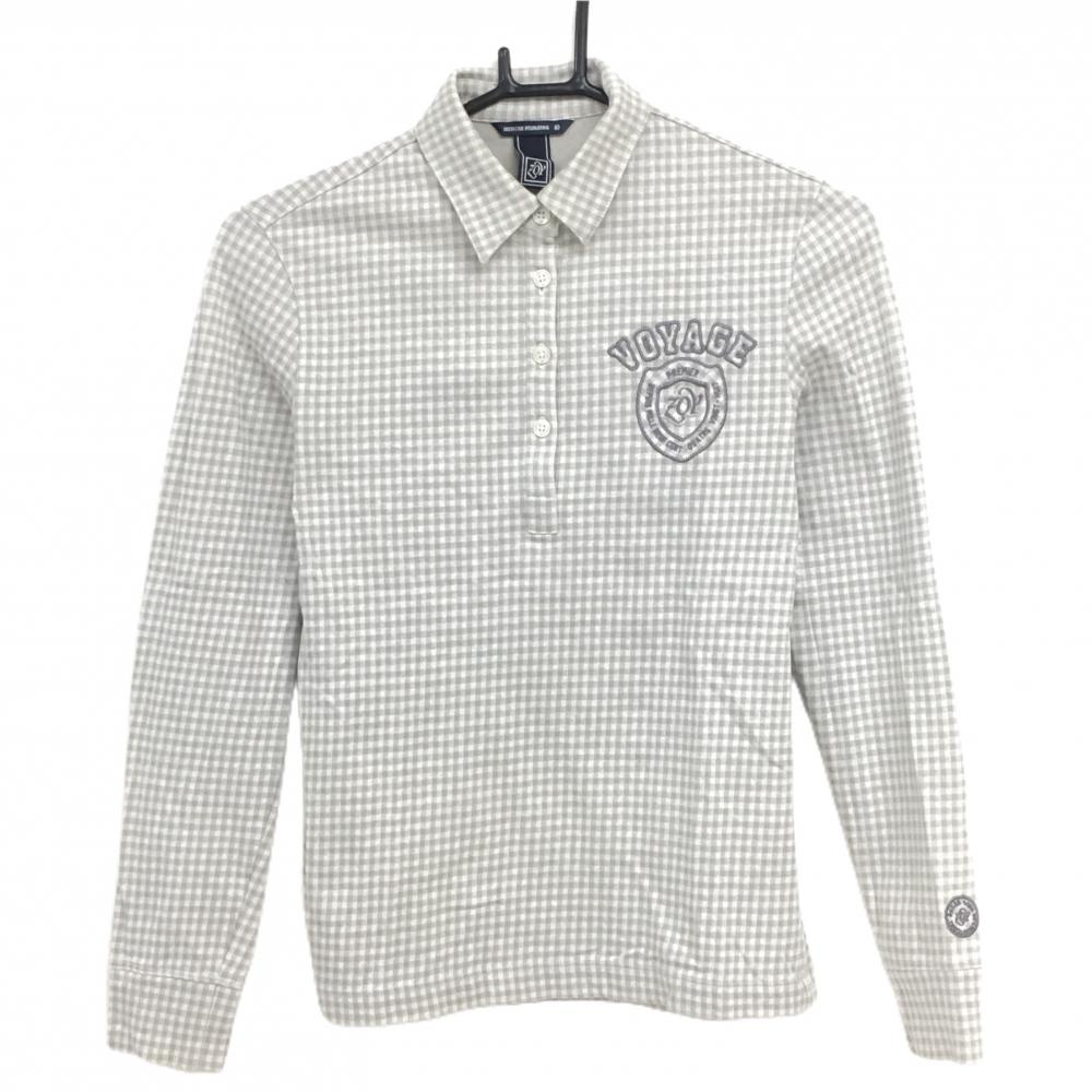 【美品】ゾーイ 長袖ポロシャツ ライトグレー×白 ギンガムチェック コットン混  レディース 40(L) ゴルフウェア ZOY