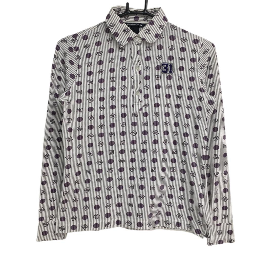 【美品】ゾーイ 長袖ポロシャツ 白×グレー ストライプ ドット パイル地ワッペン レディース 38(M) ゴルフウェア ZOY