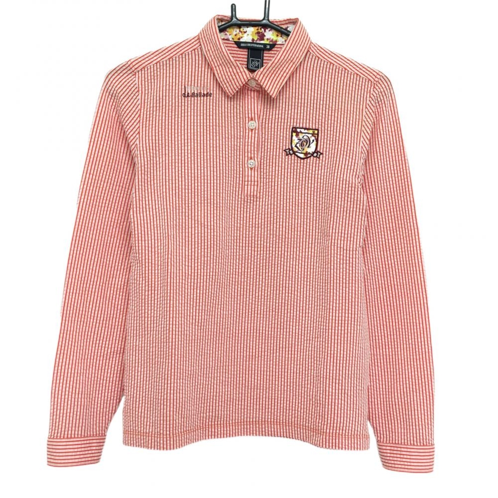 【超美品】ゾーイ 長袖ポロシャツ オレンジ×白 ストライプ サッカー生地 レディース 38(Ｍ) ゴルフウェア ZOY
