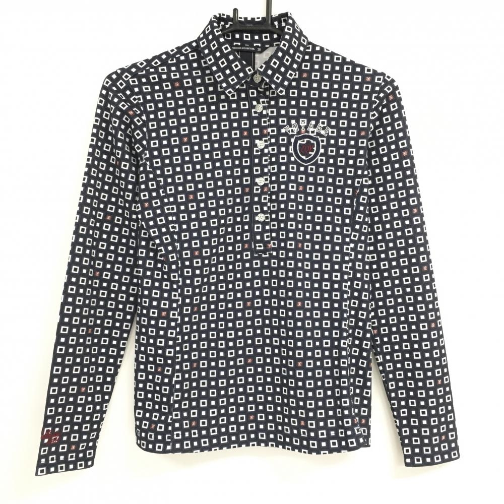 【美品】ゾーイ 長袖ポロシャツ ネイビー×白 スクエア柄 胸元ロゴ レディース 36(S) ゴルフウェア ZOY