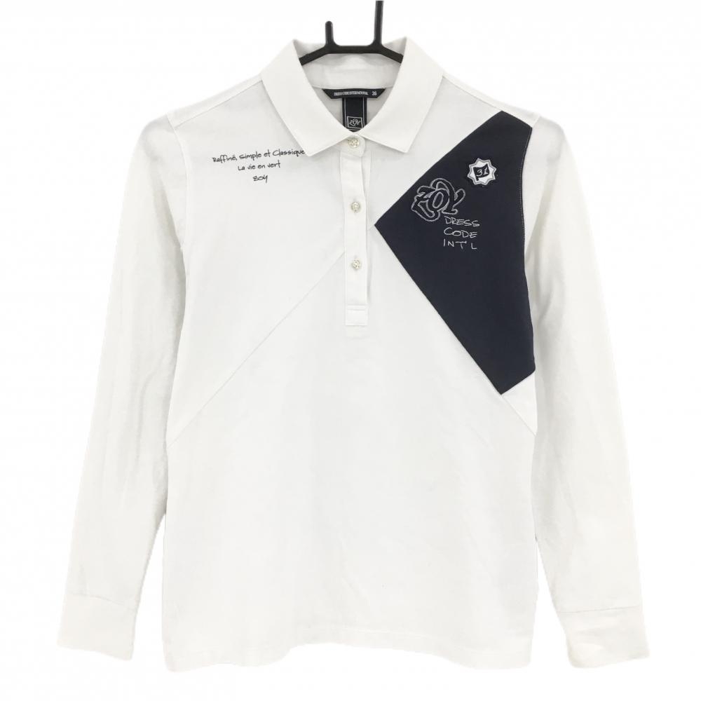 ゾーイ 長袖ポロシャツ 白×ネイビー ロゴ刺しゅう 襟・袖口汚れ レディース 36(S) ゴルフウェア ZOY