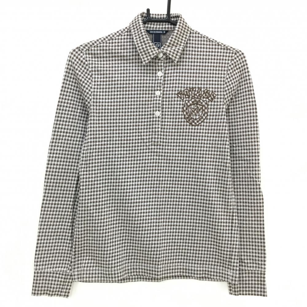 【超美品】ゾーイ 長袖ポロシャツ ブラウン×白 ロゴ刺しゅう  レディース 40(L) ゴルフウェア ZOY