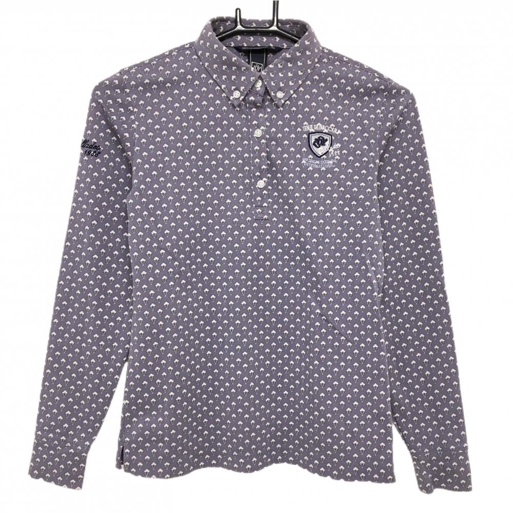 【超美品】ゾーイ 長袖ポロシャツ パープル×白 総柄 ロゴ刺しゅう ボタンダウン  レディース 36(S) ゴルフウェア ZOY