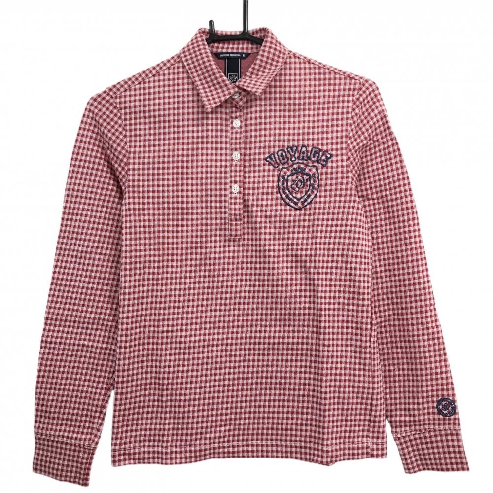【超美品】ゾーイ 長袖ポロシャツ レッド×白 チェック柄 ロゴ刺しゅう レディース 40(L) ゴルフウェア ZOY