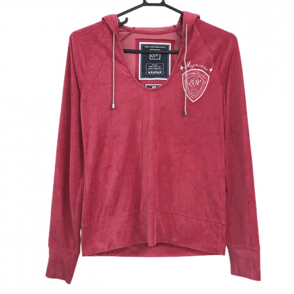 ゾーイ フード付き長袖シャツ レッド系 ベロア調 胸ロゴ レディース 38(M) ゴルフウェア ZOY
