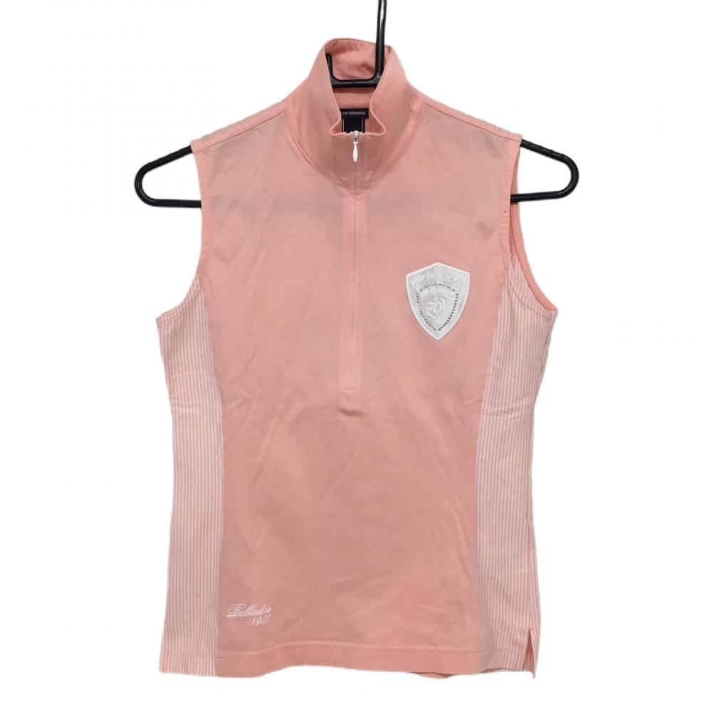 【美品】ゾーイ ハイネックノースリーブシャツ ピンク×白 ハーフジップ サイドボーダー レディース 38 ゴルフウェア ZOY