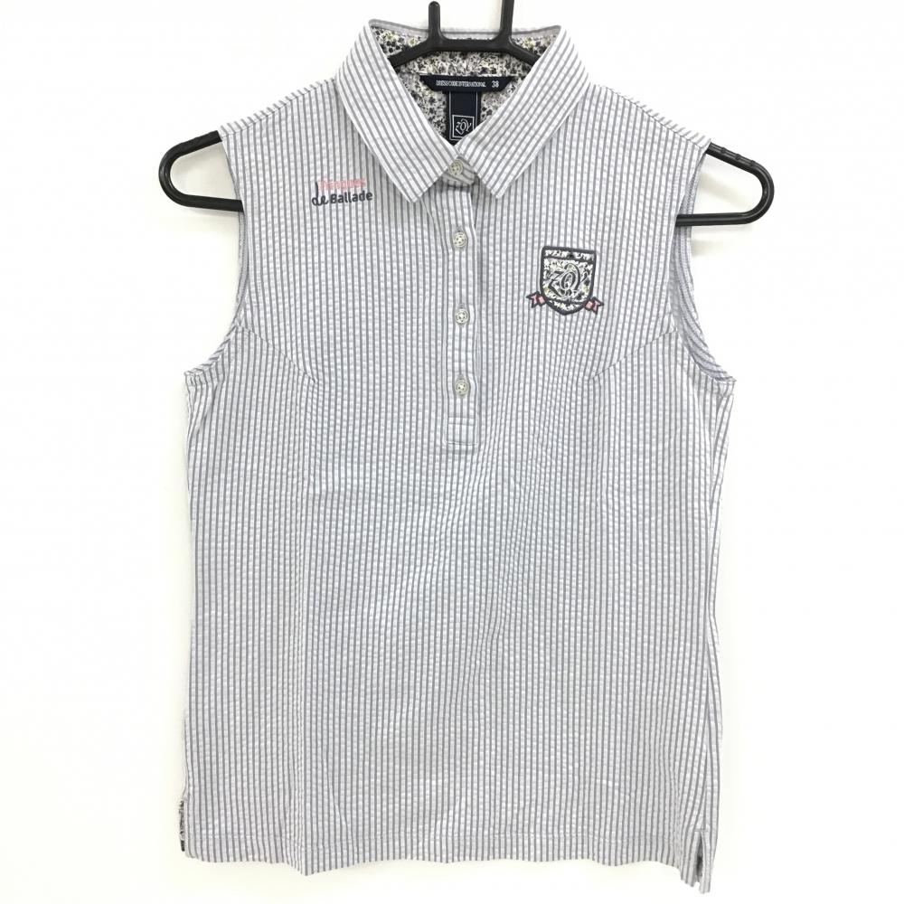 【美品】ゾーイ ノースリーブポロシャツ 白×グレー ストライプ サッカー生地  レディース 38(M) ゴルフウェア ZOY