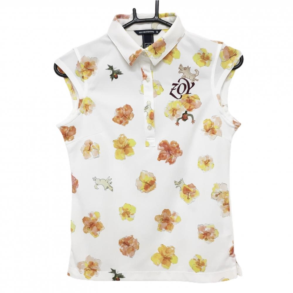 【美品】ゾーイ ノースリーブポロシャツ 白×レッド×イエロー 花柄 ドッグ柄  レディース 36(S) ゴルフウェア ZOY