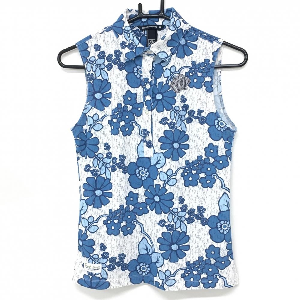 【美品】ゾーイ ノースリーブポロシャツ 白×ブルー 花柄 レディース 38(M) ゴルフウェア ZOY