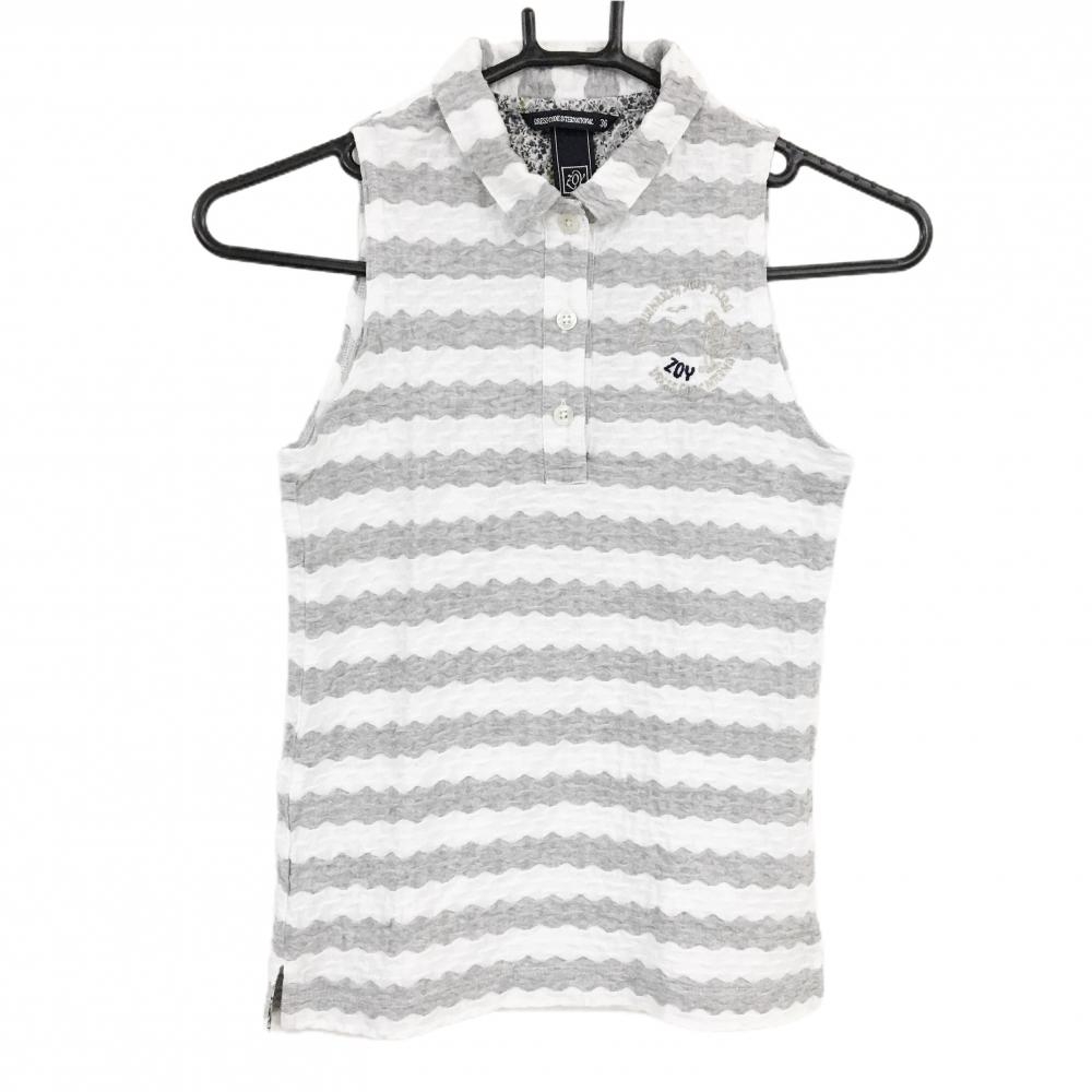 【美品】ゾーイ ノースリーブポロシャツ グレー×白 ボーダー 凹凸生地  レディース 36(S) ゴルフウェア ZOY