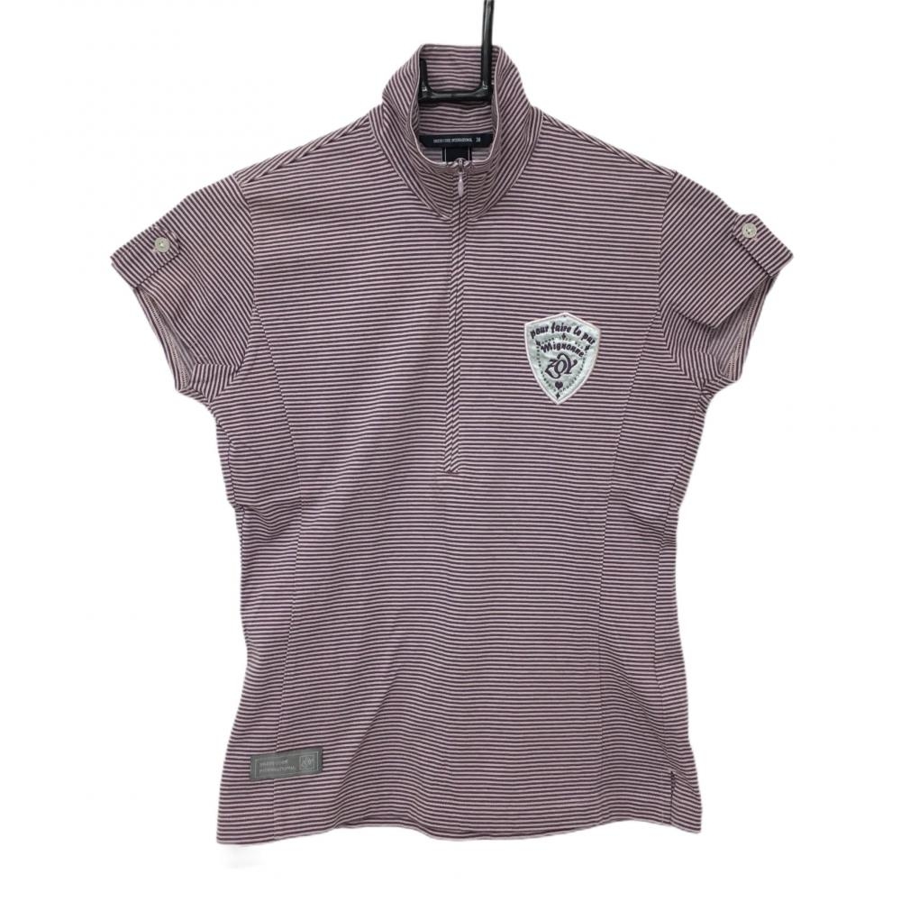 【美品】ゾーイ 半袖ハイネックシャツ パープル×ピンク ボーダー ハーフジップ 胸元ロゴ レディース 38 ゴルフウェア ZOY
