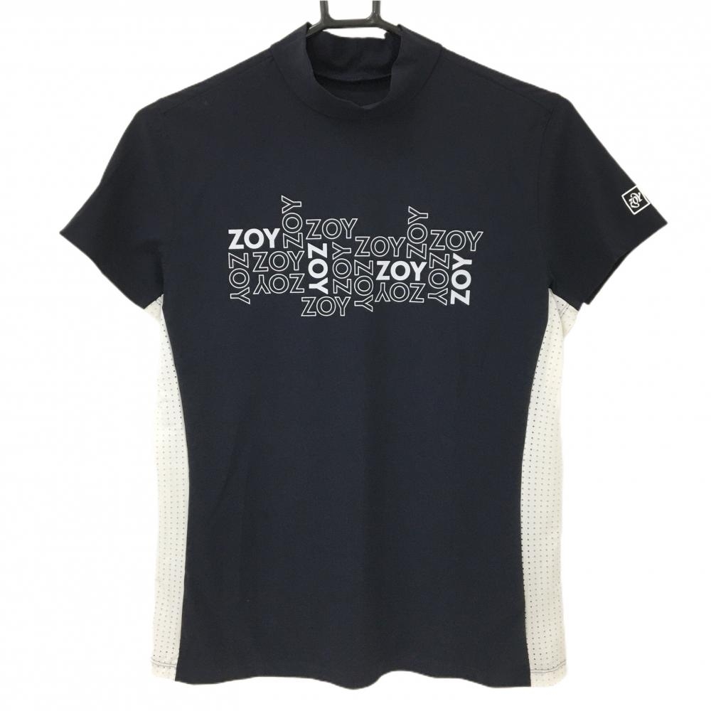 【美品】ゾーイ 半袖ハイネックシャツ ネイビー×白 サイドパンチング  レディース 38(M) ゴルフウェア ZOY