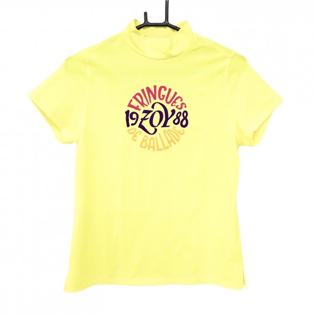 【美品】ゾーイ 半袖ハイネックシャツ イエロー ビッグプリント レディース 38(M) ゴルフウェア ZOY