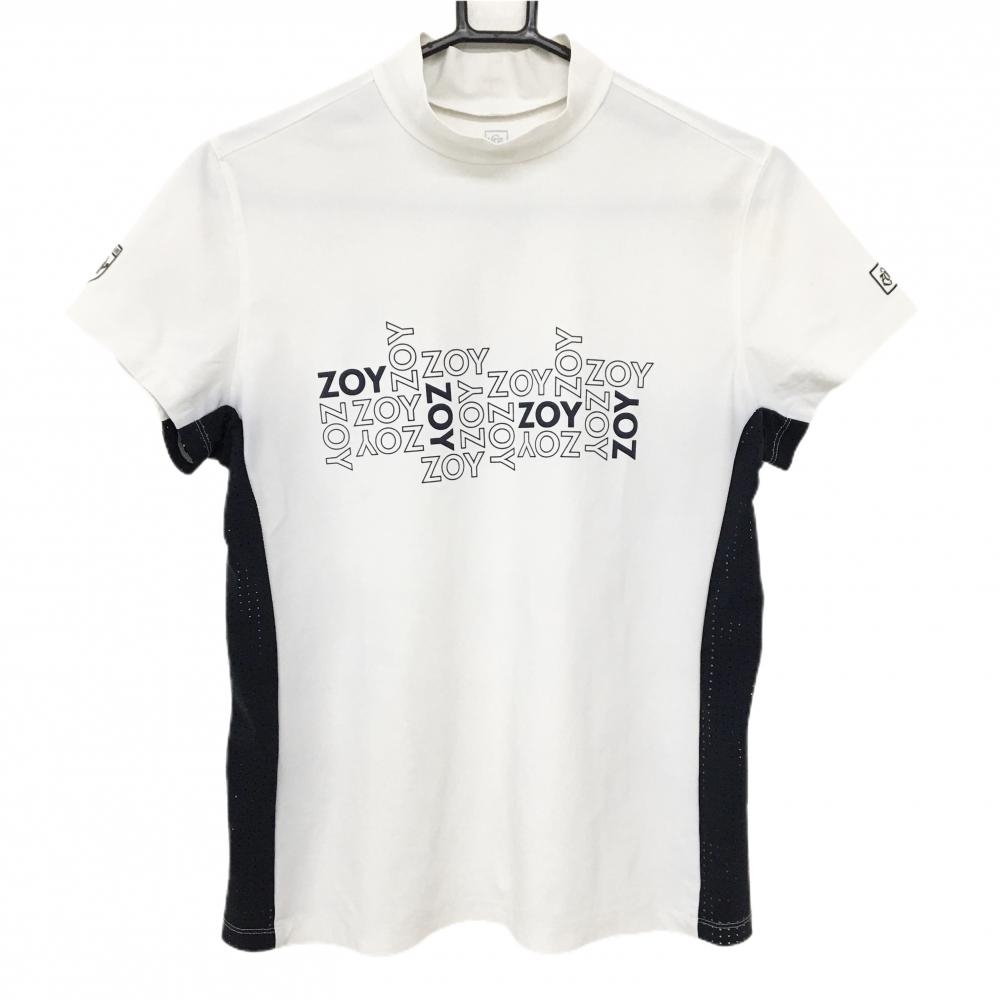 ゾーイ 半袖ハイネックシャツ 白×ダークネイビー サイドメッシュ地 フロントロゴ レディース 38(M) ゴルフウェア ZOY
