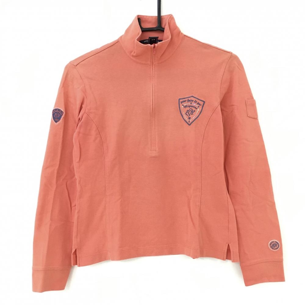 ゾーイ 長袖ハイネックシャツ オレンジ×ネイビー ハーフジップ ラインストーン レディース 40 ゴルフウェア ZOY