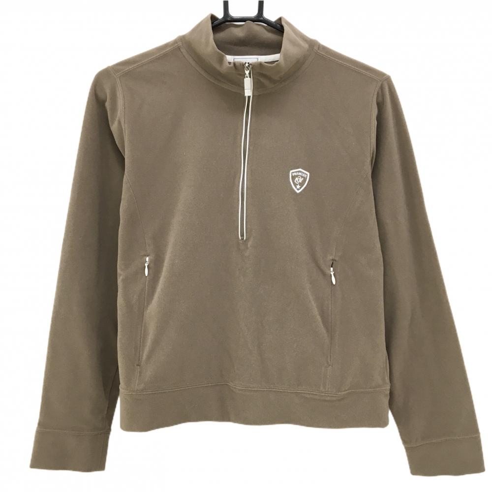 【美品】ゾーイ 長袖ハイネックシャツ ブラウン ロゴ刺しゅう ハーフジップ レディース L ゴルフウェア ZOY