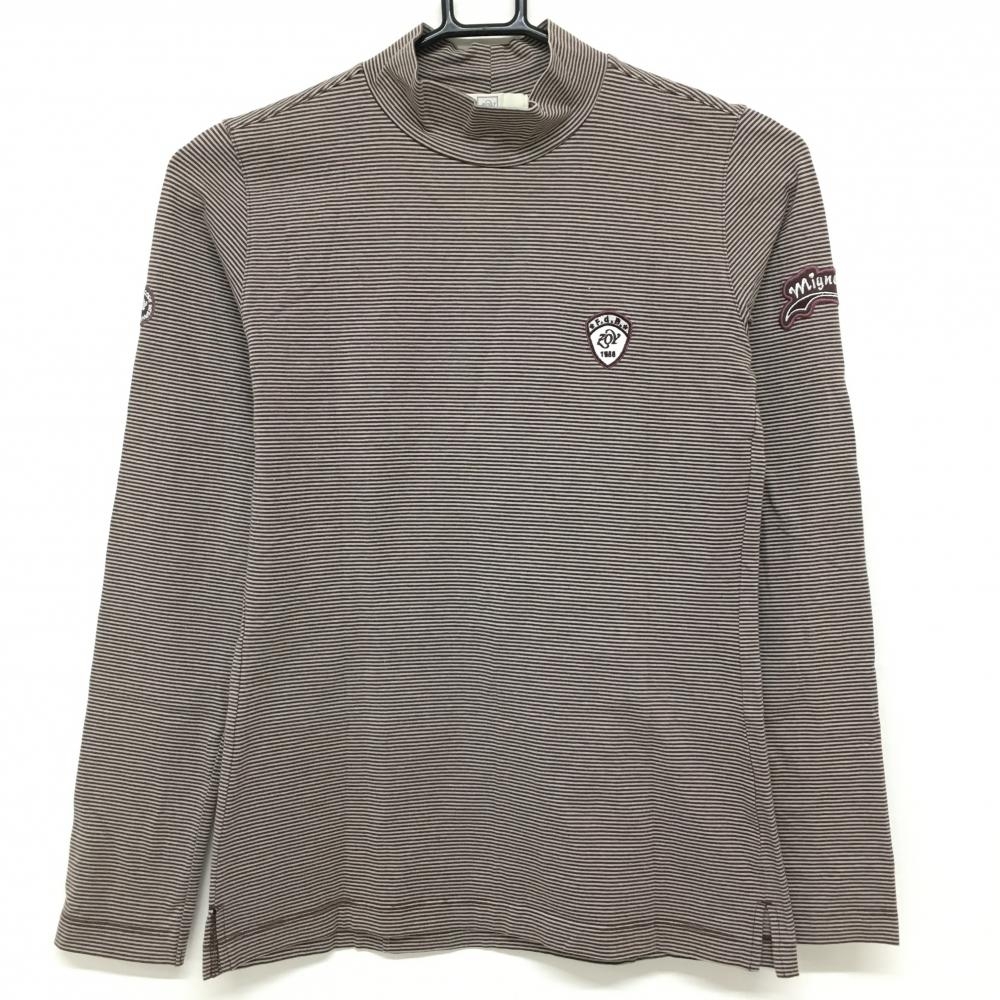 【美品】ゾーイ 長袖ハイネックシャツ ブラウン×ライトグレー ボーダー ワッペン  レディース 38(M) ゴルフウェア ZOY
