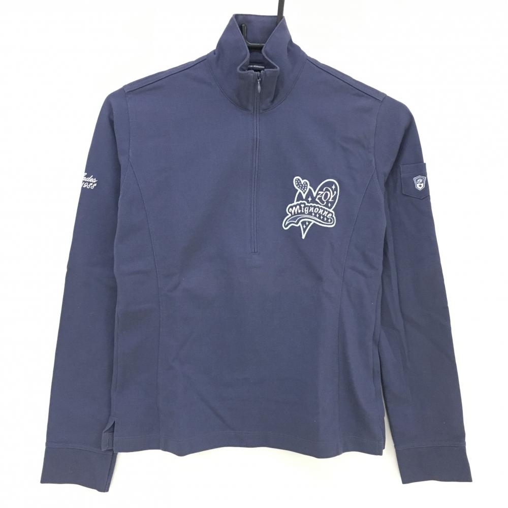 【美品】ゾーイ 長袖ハイネックシャツ ネイビー ロゴ刺しゅう ラインストーン レディース 40(L) ゴルフウェア ZOY