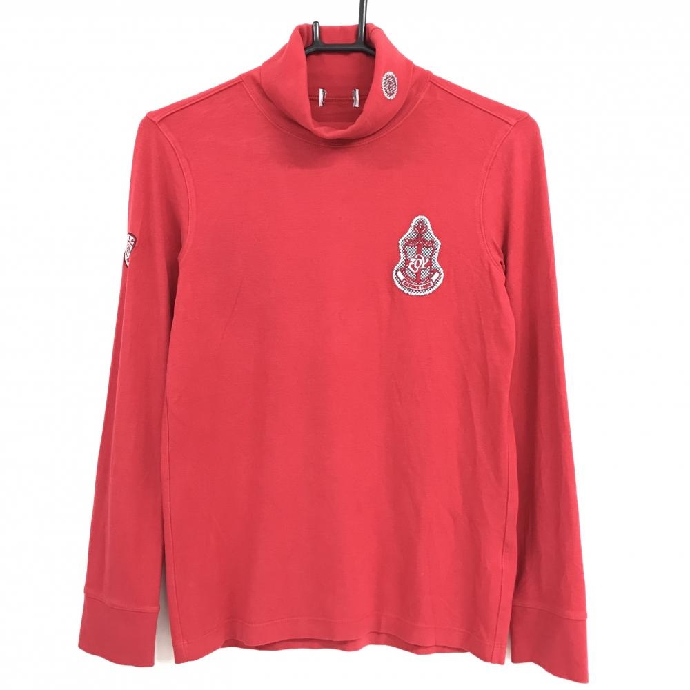 ゾーイ 長袖ハイネックシャツ レッド×グレー系 胸ロゴ 色褪せ、胸汚れ、ネック毛羽立ち少・跡あり レディース 38(M) ゴルフウェア ZOY