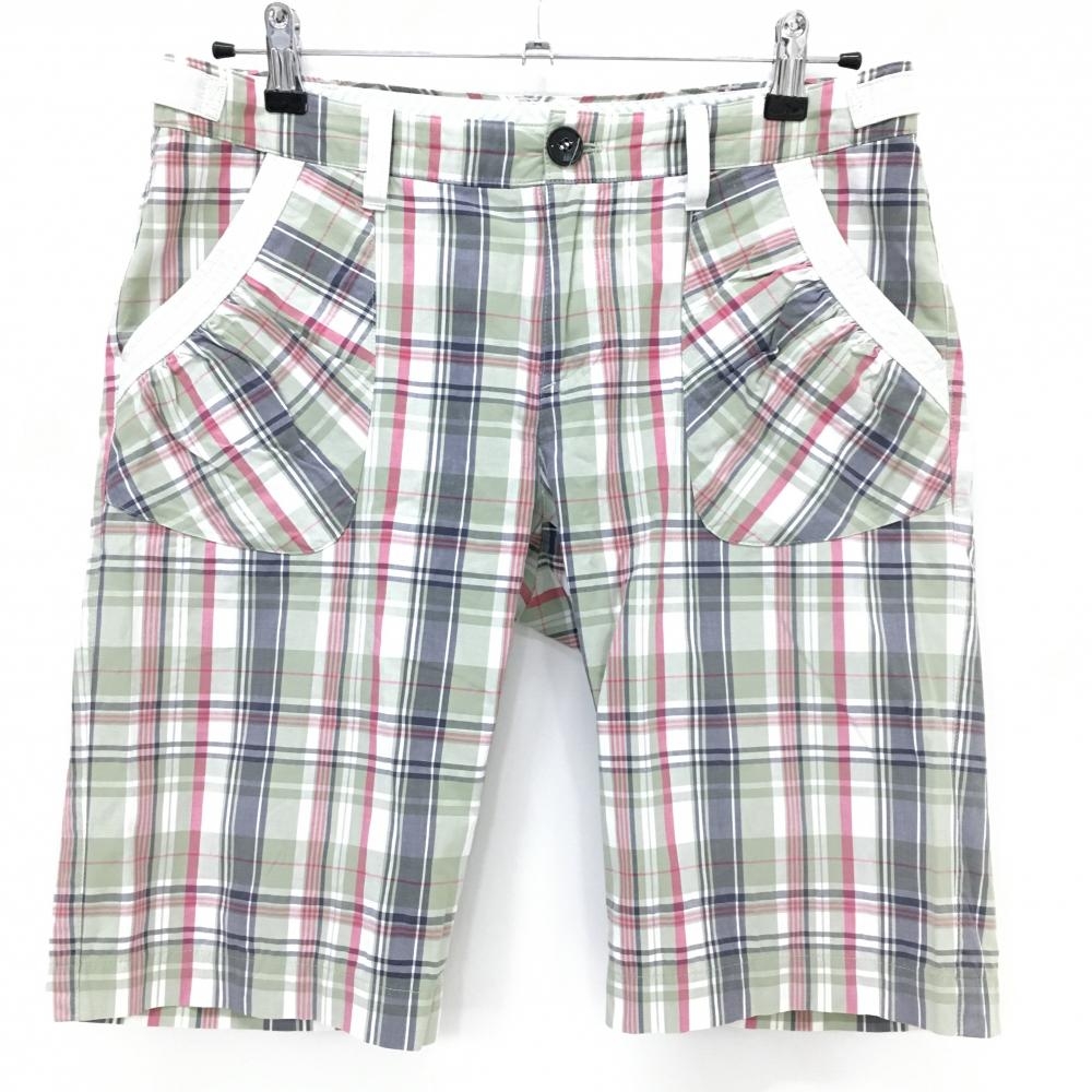 【美品】ゾーイ ハーフパンツ スモーキーグリーン×ピンク系×白 チェック柄 バックロゴ レディース 40(L) ゴルフウェア ZOY