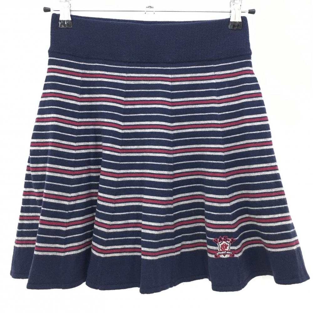 ゾーイ ニットスカート ネイビー×グレー ボーダー 裾ロゴ 裏地付き ウール混  レディース M ゴルフウェア ZOY