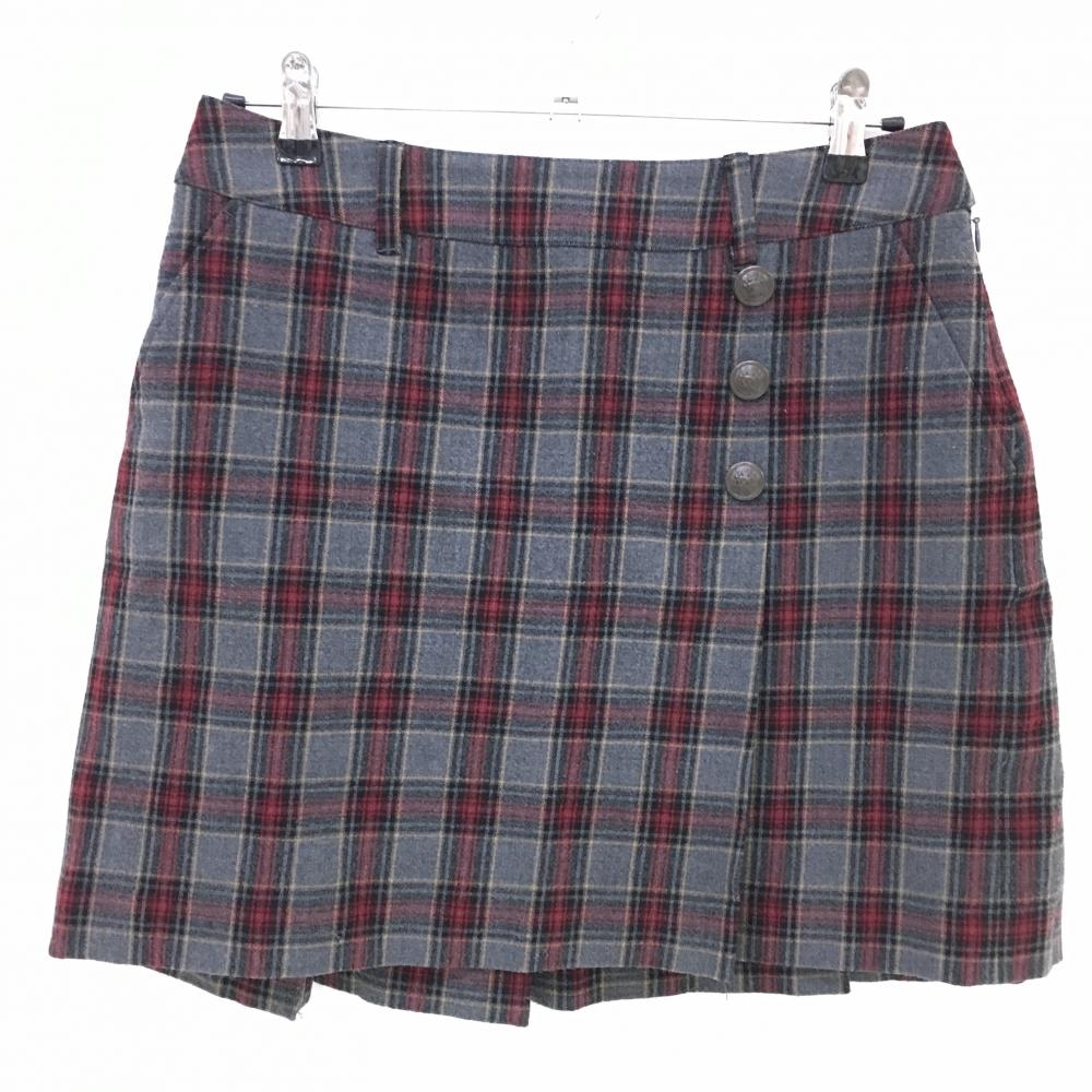 【美品】ゾーイ スカート グレー×レッド チェック 後ろプリーツ 羊毛混 裏地付 レディース 40(L) ゴルフウェア ZOY