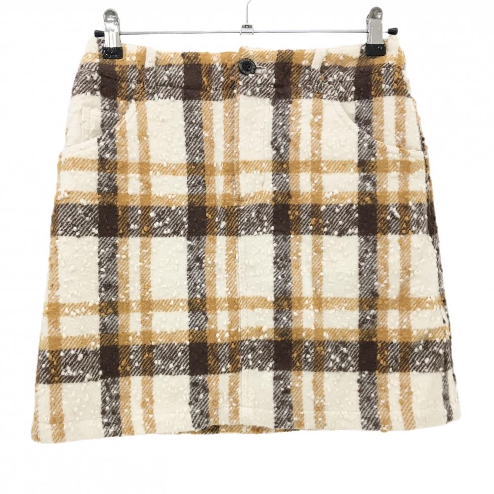 【超美品】ゾーイ スカート 白×ブラウン チェック 羊毛混 裏地付 レディース 38 ゴルフウェア ZOY