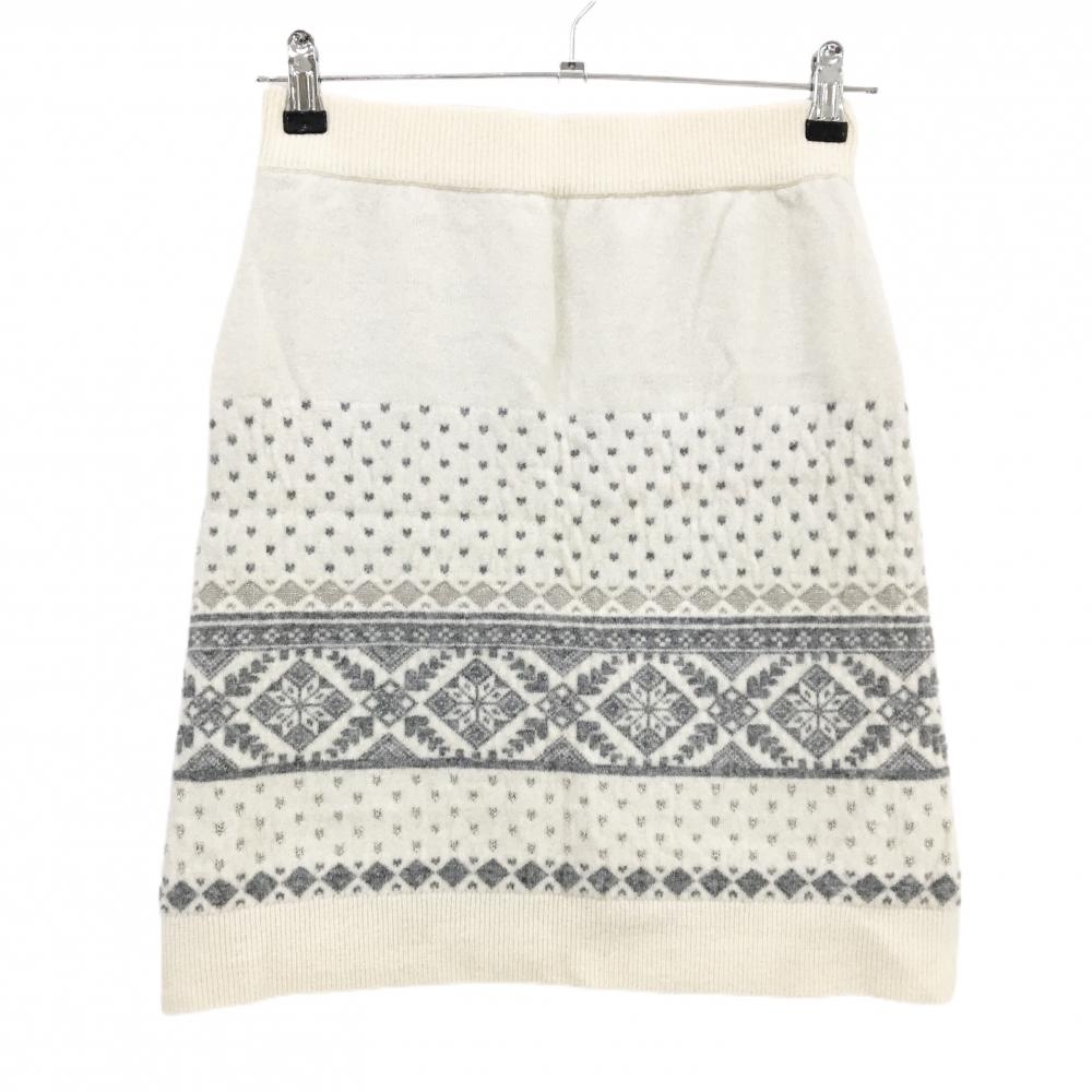 【美品】ゾーイ ニットスカート アイボリー×グレー 総柄 羊毛混 蓄熱裏地 ウエストゴム レディース S ゴルフウェア ZOY