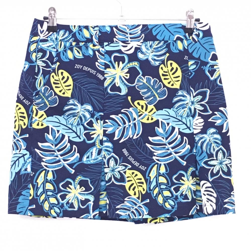 【超美品】ゾーイ スカート ネイビー×ライトブルー×イエロー系 リーフ柄 花柄 ボックスプリーツ レディース 40(L) ゴルフウェア ZOY
