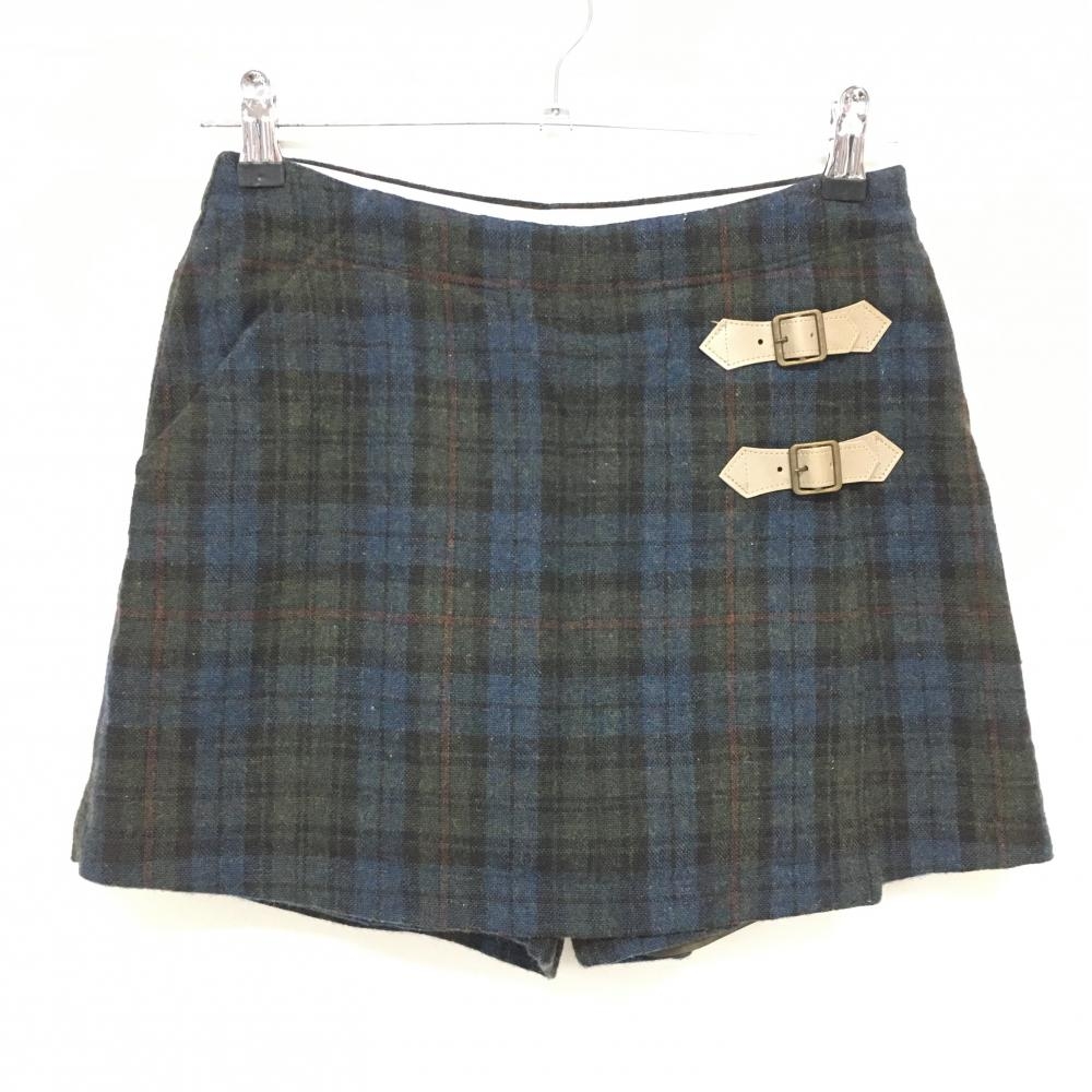 【美品】ゾーイ キュロットスカート ネイビー×グリーン チェック柄 裏地付き ウール混 レディース M ゴルフウェア ZOY