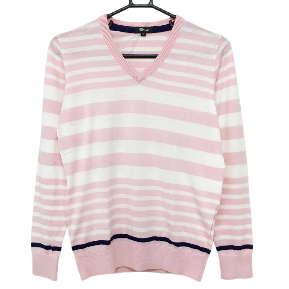 【美品】タイトリスト セーター ピンク×白 ボーダー Vネック ニット レディース M ゴルフウェア TITLEIST