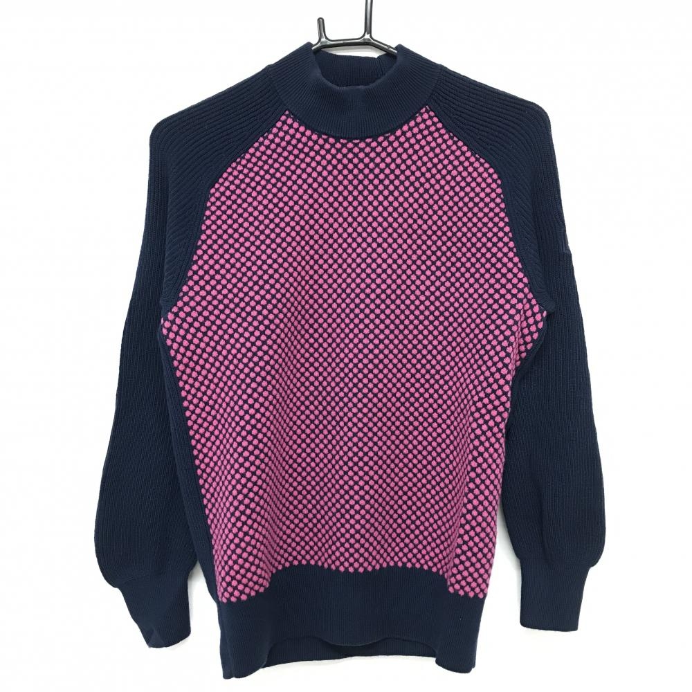 【美品】タイトリスト ハイネックセーター ネイビー×ピンク 前身頃ドット柄 ウール100％ ニット  レディース L ゴルフウェア TITLEIST
