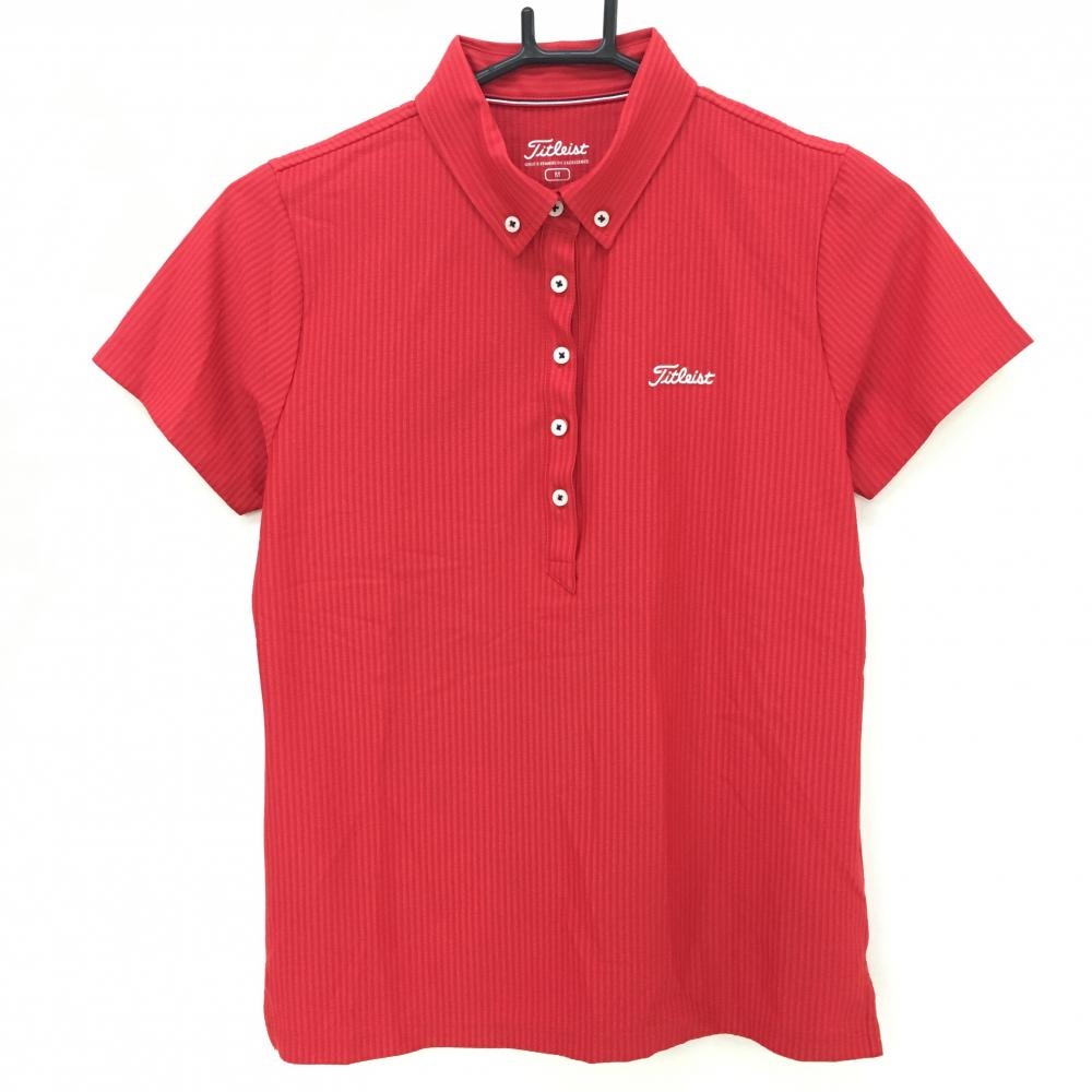 【超美品】タイトリスト 半袖ポロシャツ レッド ストライプ織生地 ボタンダウン 胸元ロゴ レディース M ゴルフウェア TITLEIST