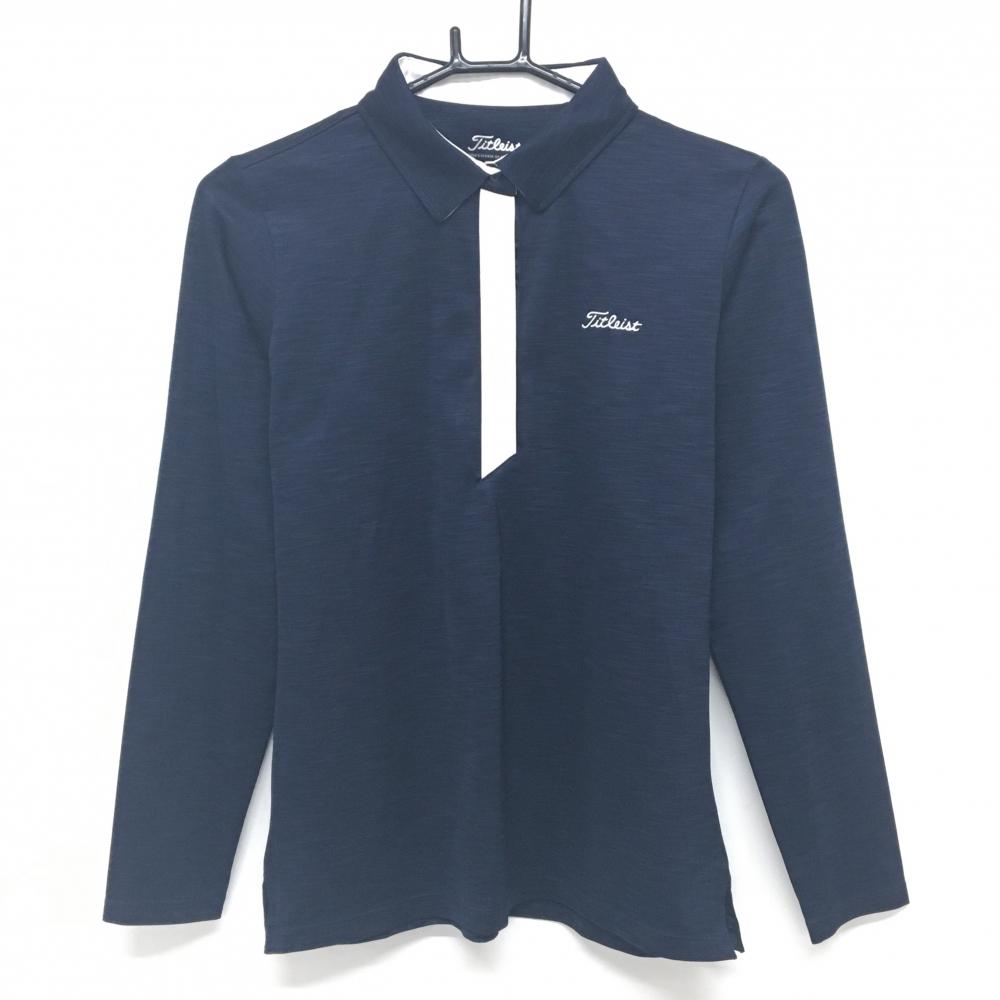【美品】タイトリスト 長袖ポロシャツ 杢ネイビー×白 スナップボタン ロゴ刺しゅう  レディース L ゴルフウェア TITLEIST