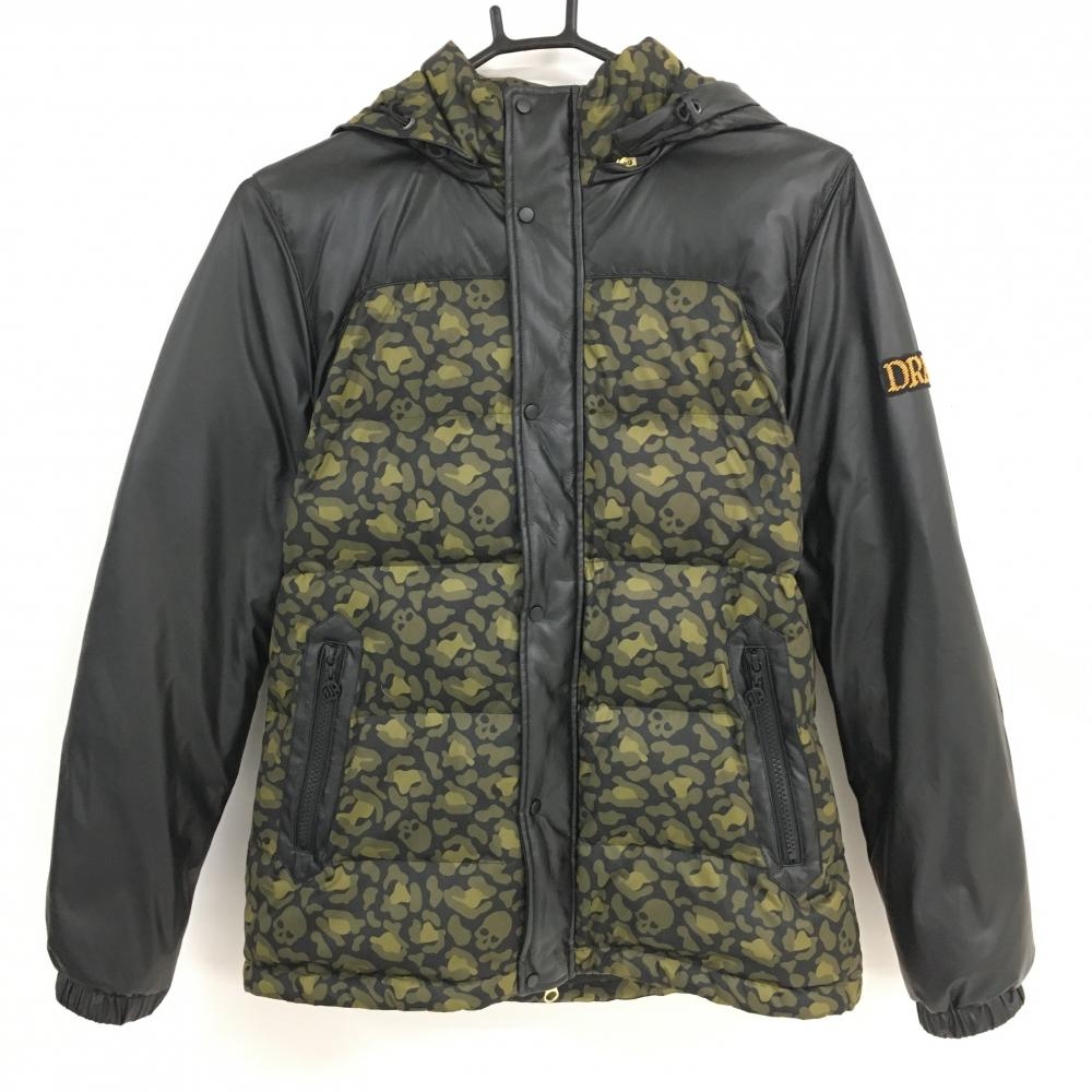 【美品】ダンスウィズドラゴン 切替ダウンジャケット 黒×カーキ 合成皮革 カミフラ  レディース 2(M) ゴルフウェア Dance With Dragon