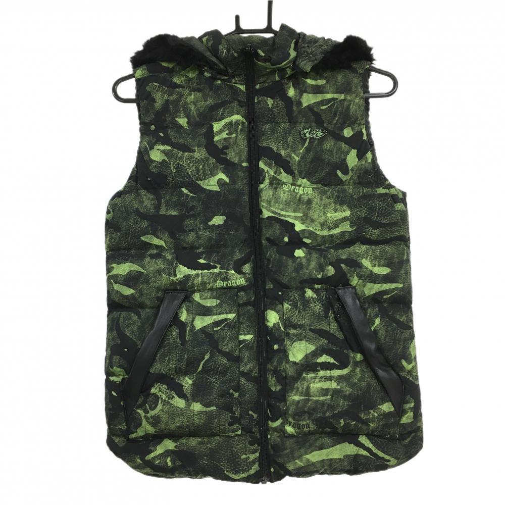 【美品】ダンスウィズドラゴン リバーシブルダウンベスト ライトグリーン×黒 レディース 2(M) ゴルフウェア Dance With Dragon