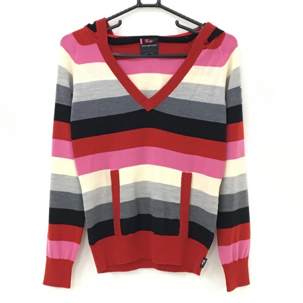 ダンスウィズドラゴン フード付きセーター レッド×ネイビー×グレー Vネック  レディース 2(M) ゴルフウェア Dance With Dragon