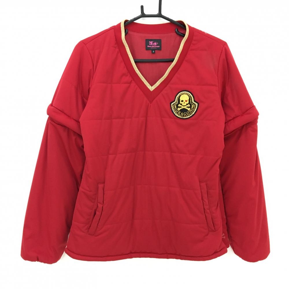 【美品】ダンスウィズドラゴン 2WAY中綿スニード レッド Vネック 蓄熱裏地 スカル レディース 3(L) ゴルフウェア Dance With Dragon