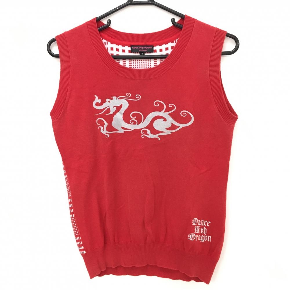 ダンスウィズドラゴン ニットベスト レッド×シルバー フロントロゴ 後ろチェック  レディース 3(L) ゴルフウェア Dance With Dragon