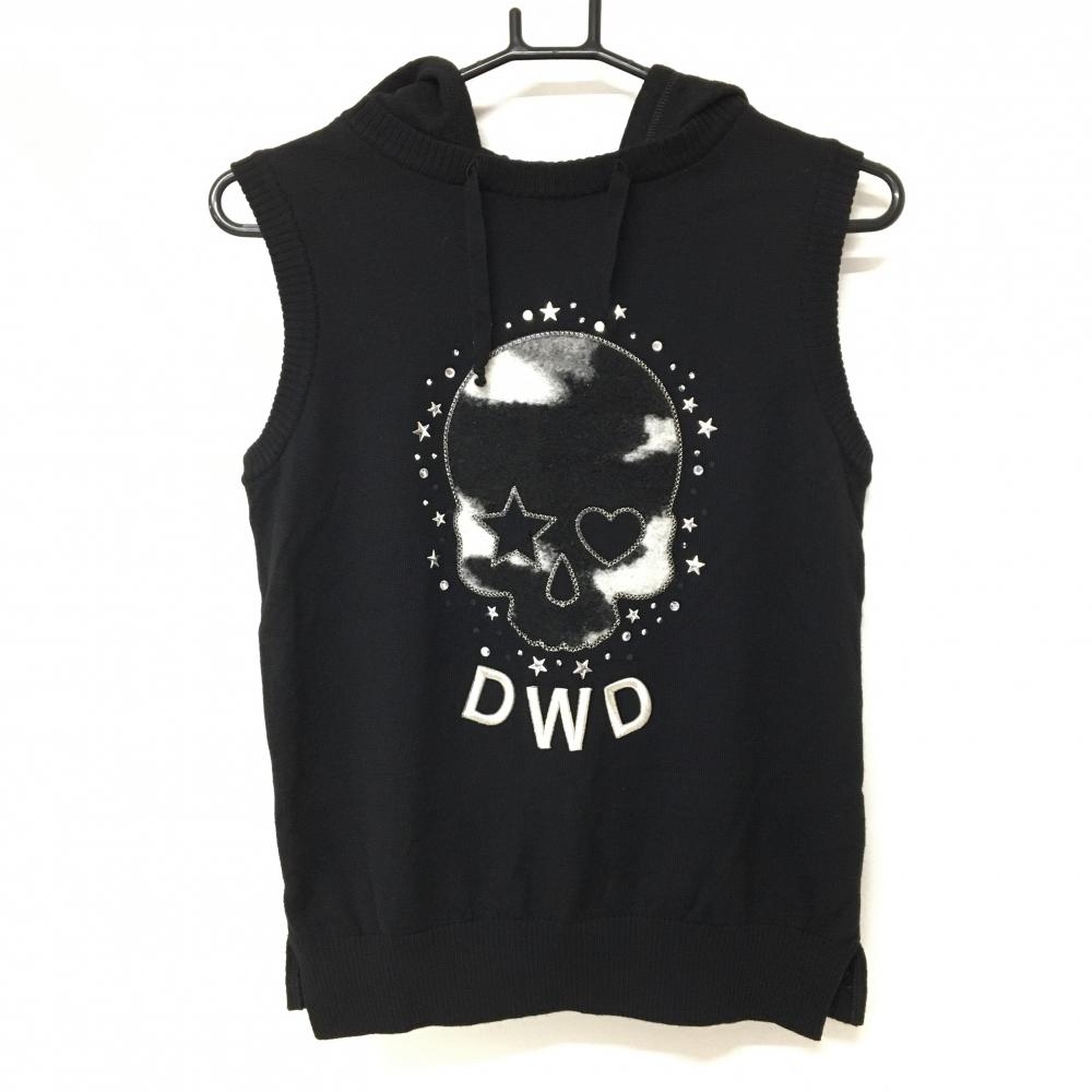 ダンスウィズドラゴン フード付ニットベスト 黒 フロントスカル ウール100％  レディース 3(L) ゴルフウェア Dance With Dragon