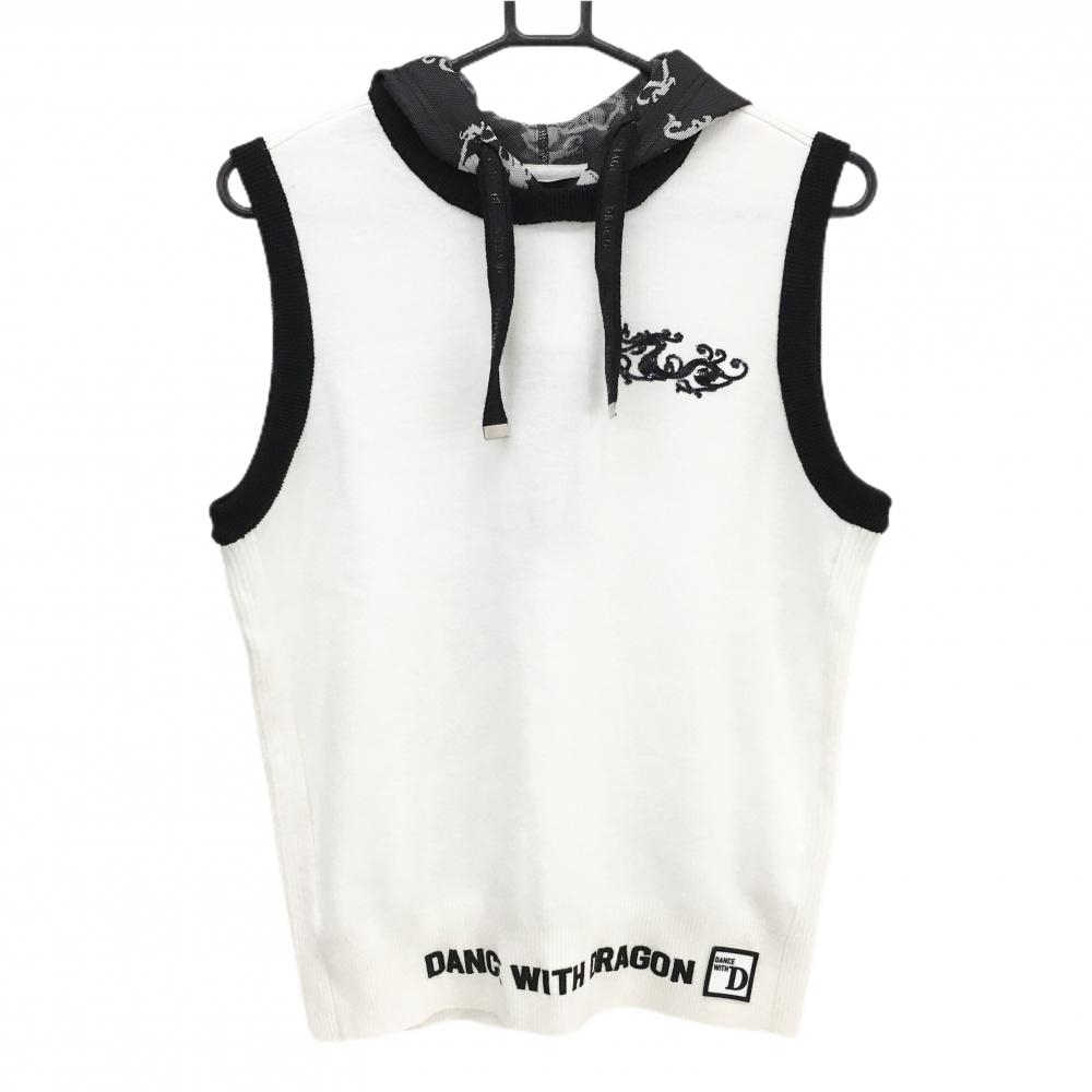 【新品】ダンスウィズドラゴン フード付きニットベスト 白×黒 ロゴスパンコール  レディース 4(XL) ゴルフウェア Dance With Dragon