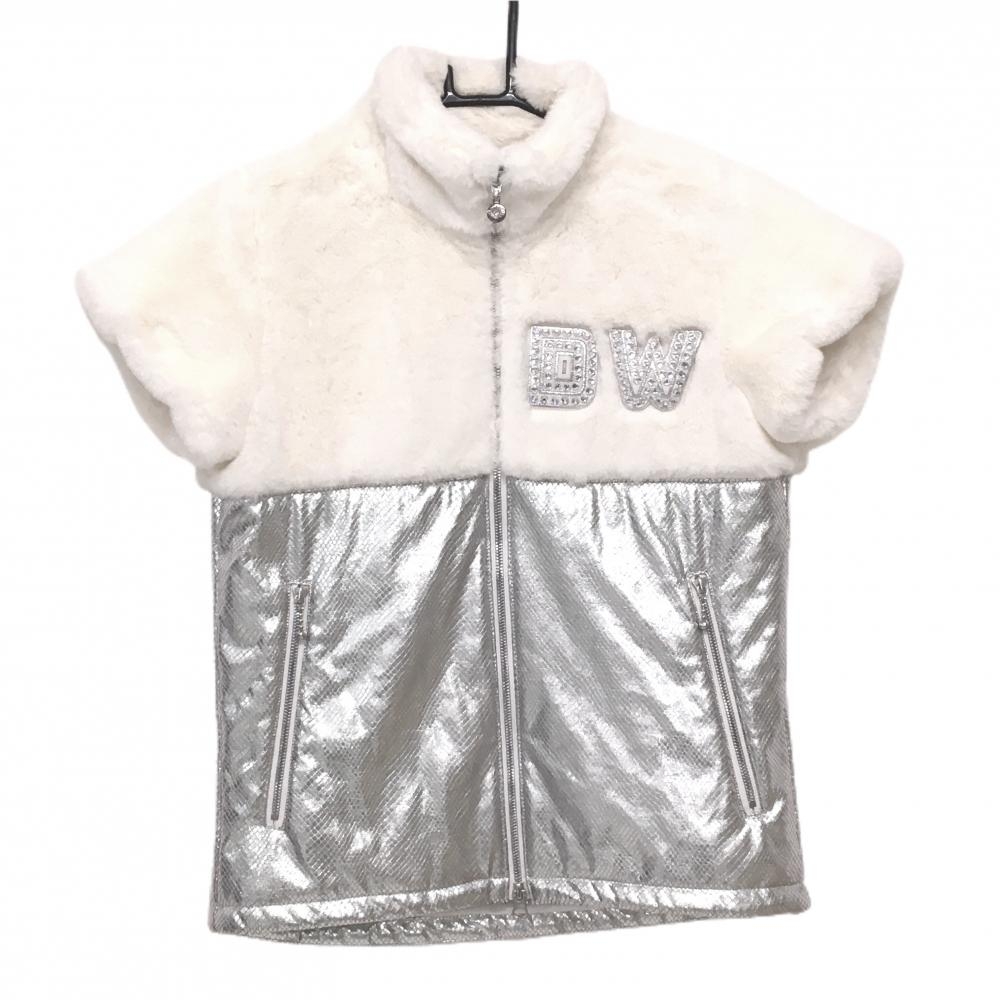 【美品】ダンスウィズドラゴン 異素材半袖ジャケット 白×シルバー 裏地付き 一部ファー レディース 2(M) ゴルフウェア Dance With Dragon