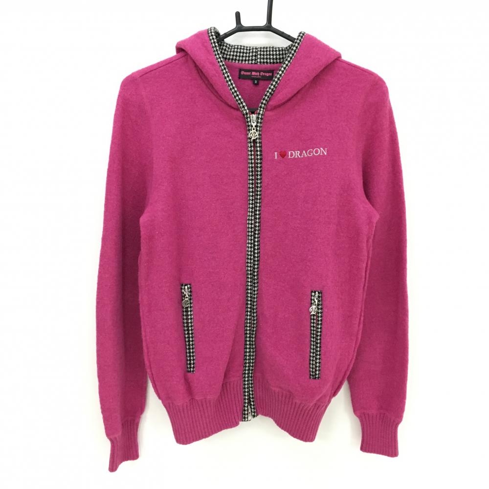 【美品】ダンスウィズドラゴン ジップパーカー ピンク 背面タイガー スパンコール レディース 3(L) ゴルフウェア Dance With Dragon