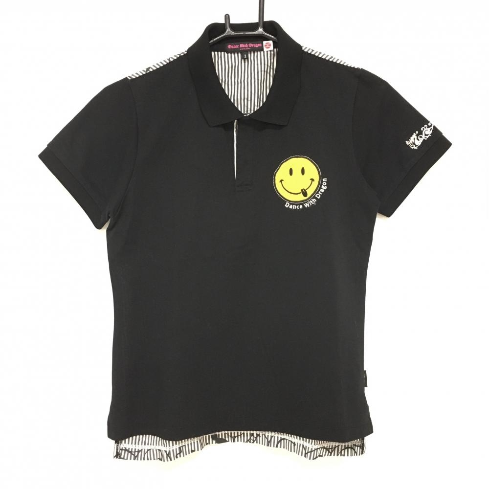 【美品】ダンスウィズドラゴン 半袖ポロシャツ 黒×グレー 背面ボーダー ニコちゃん総柄  レディース 2(M) ゴルフウェア Dance With Dragon
