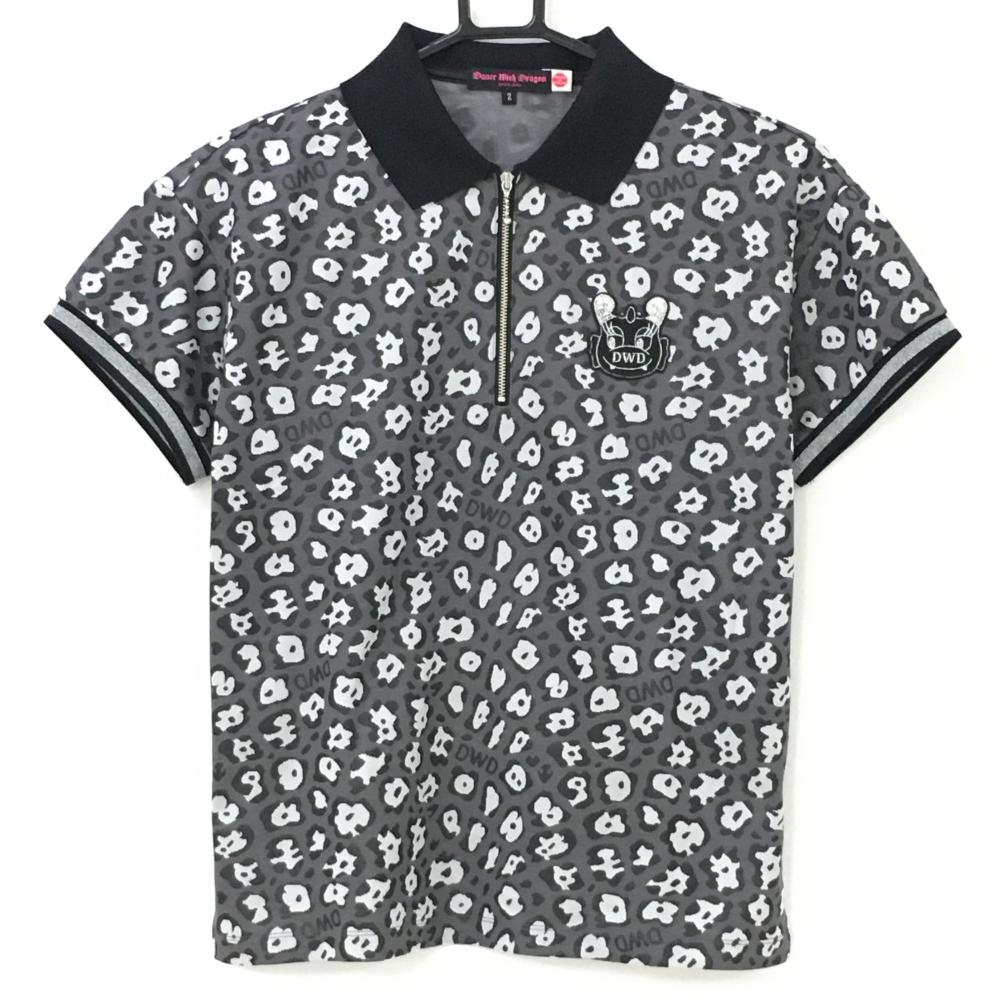 【美品】ダンスウィズドラゴン 半袖ポロシャツ グレー×黒 レオパード ハーフジップ レディース 2(M) ゴルフウェア Dance With Dragon