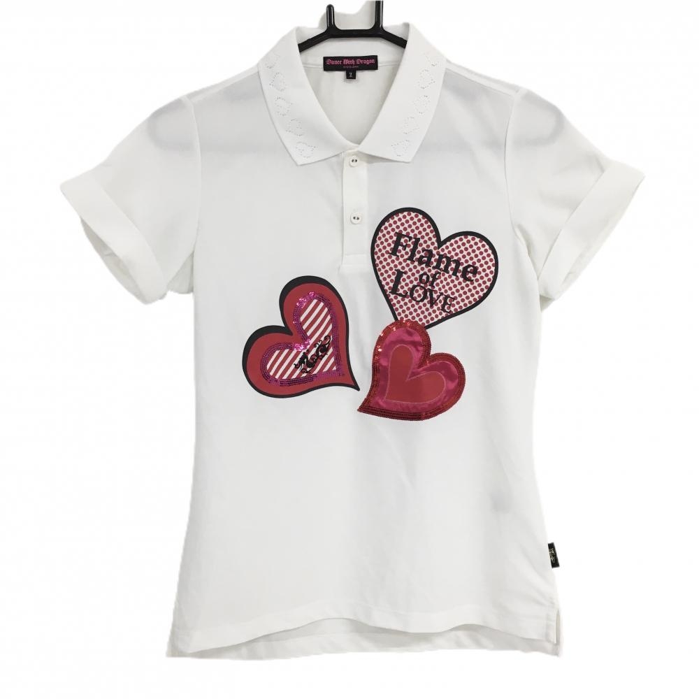 【超美品】ダンスウィズドラゴン 半袖ポロシャツ 白×レッド ハート ドット スパンコール レディース 2(M) ゴルフウェア Dance With Dragon
